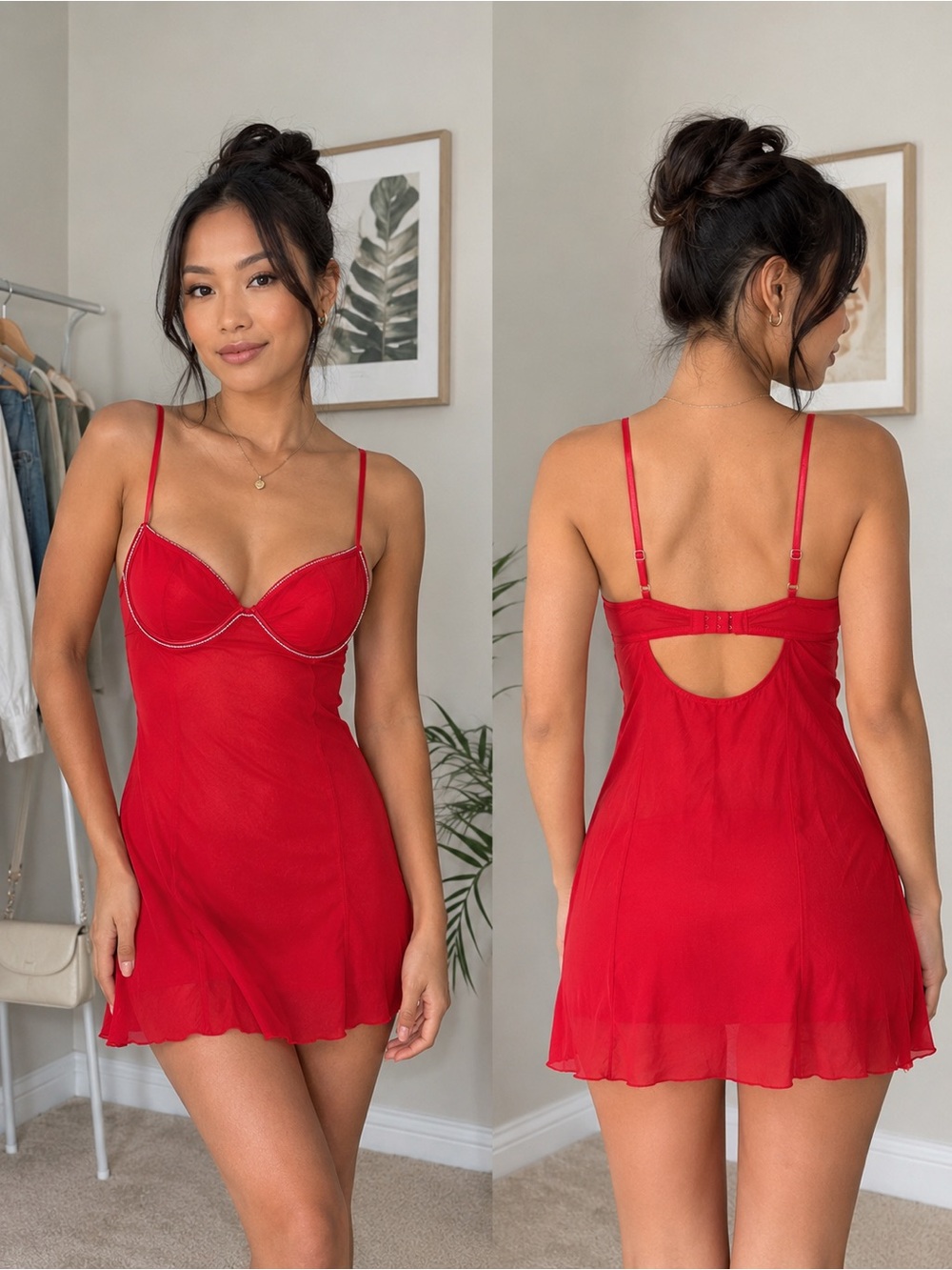 🔥Auden Red Sheer Mesh Chemise Lingerie NWT Size Medium Rhinestone Trim Babydoll